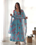 Sky Blue Georgette Floral Print Gown With Dupatta