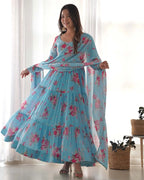 Sky Blue Georgette Floral Print Gown With Dupatta