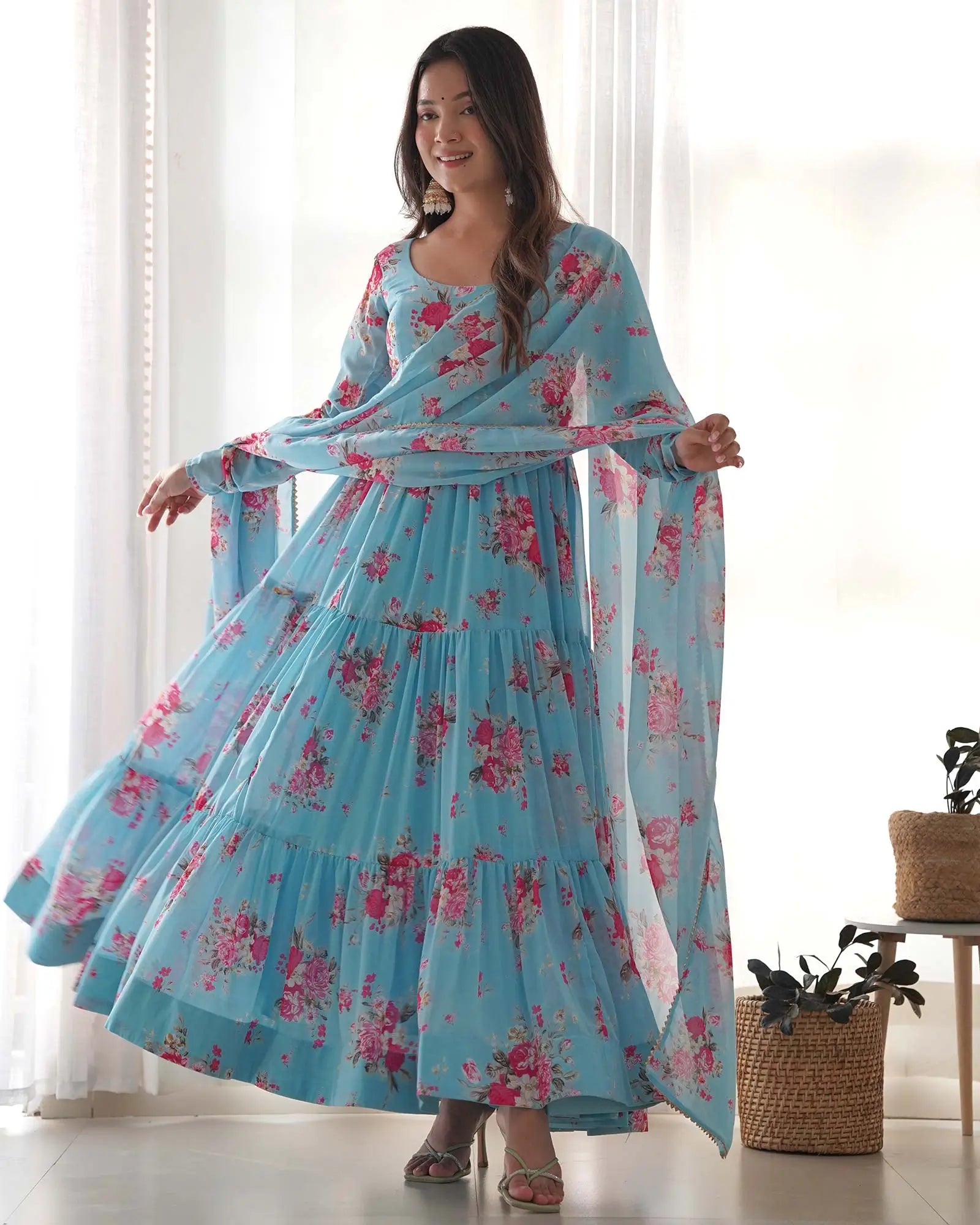 Sky Blue Georgette Floral Print Gown With Dupatta