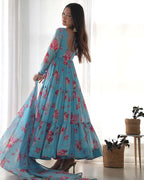 Sky Blue Georgette Floral Print Gown With Dupatta