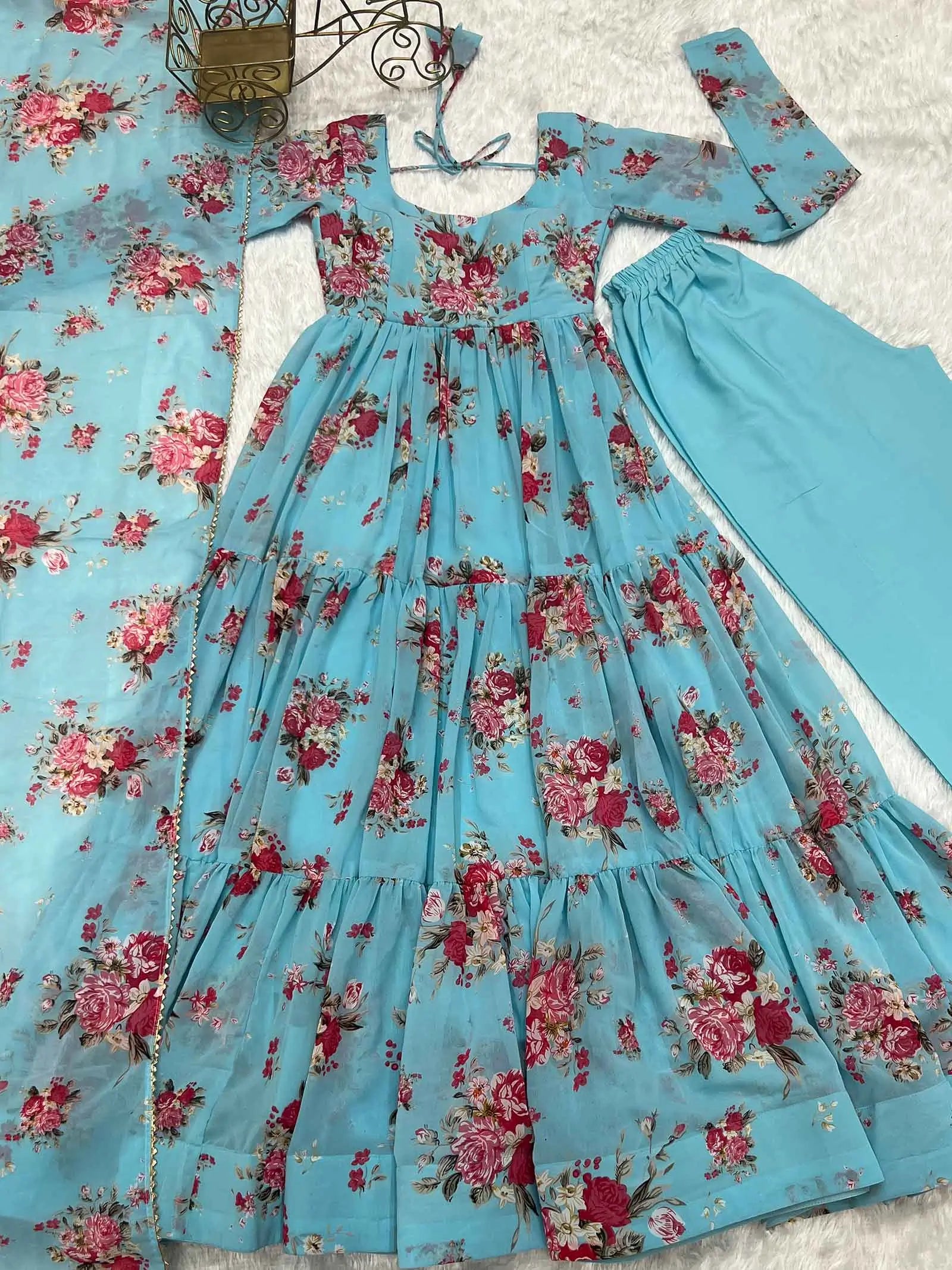 Sky Blue Georgette Floral Print Gown With Dupatta