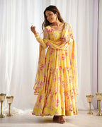 Yellow Georgette Floral Print Gown With Dupatta