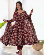 Dark Maroon Georgette Multi Floral Print Anarkali Gown With Dupatta