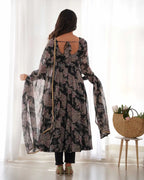 Grey Black Georgette Multi Floral Print Anarkali Gown With Dupatta