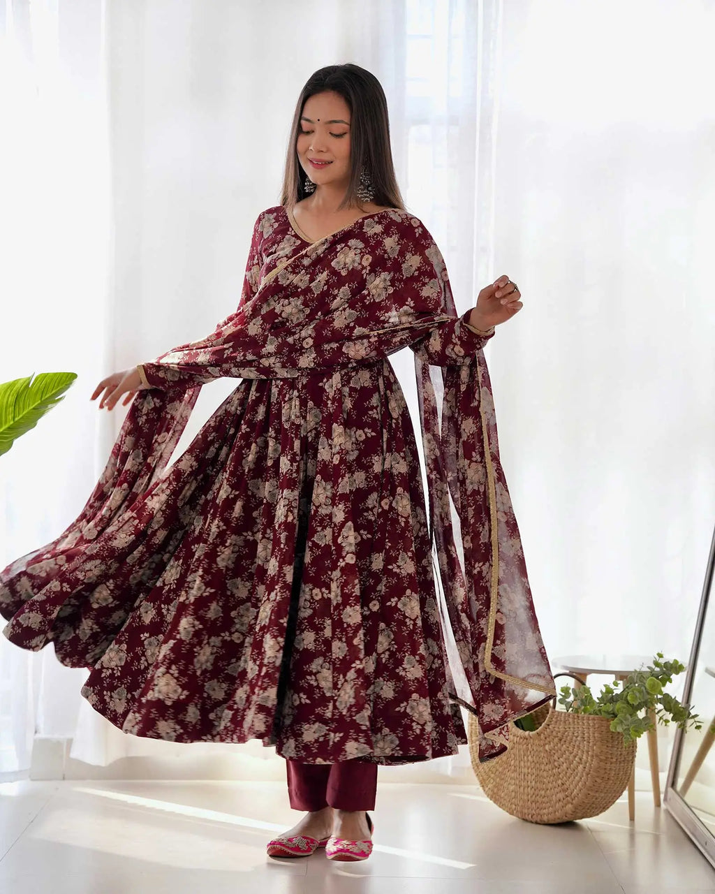 Dark Maroon Georgette Multi Floral Print Anarkali Gown With Dupatta