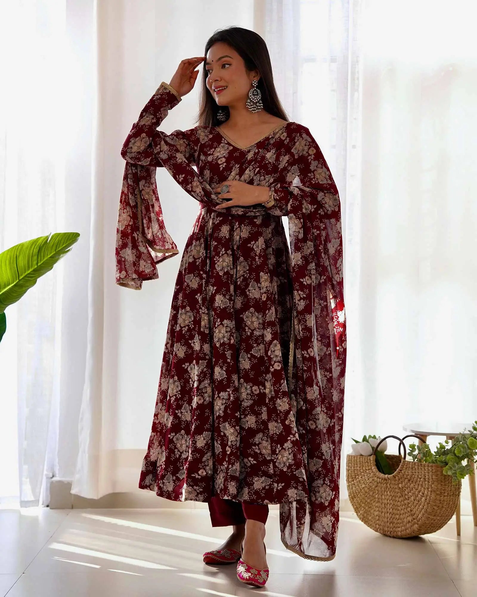 Dark Maroon Georgette Multi Floral Print Anarkali Gown With Dupatta