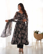 Grey Black Georgette Multi Floral Print Anarkali Gown With Dupatta