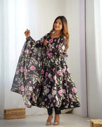 Black Floral Print Organza Gown For Summer