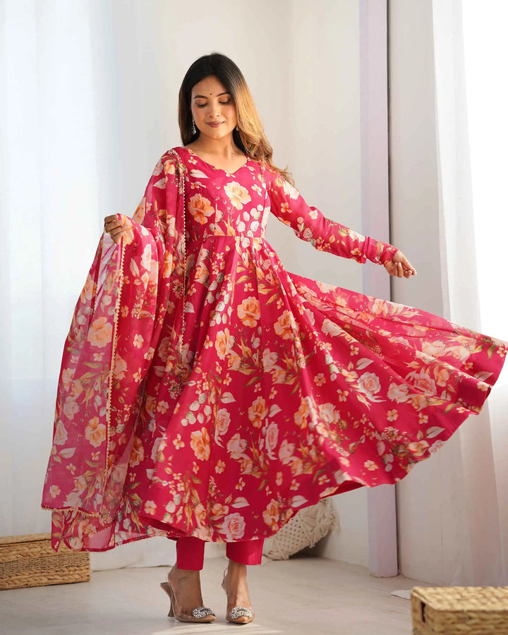 Pink Floral Print Organza Gown With Dupaata - qivii