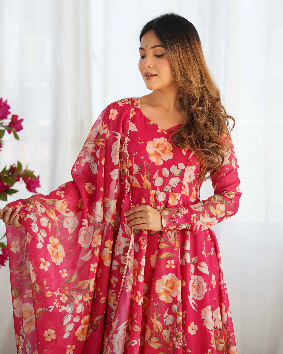 Pink Floral Print Organza Gown With Dupaata - qivii