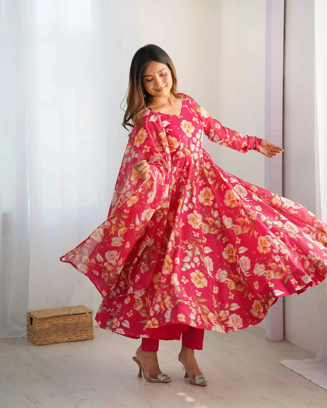 Pink Floral Print Organza Gown With Dupaata - qivii