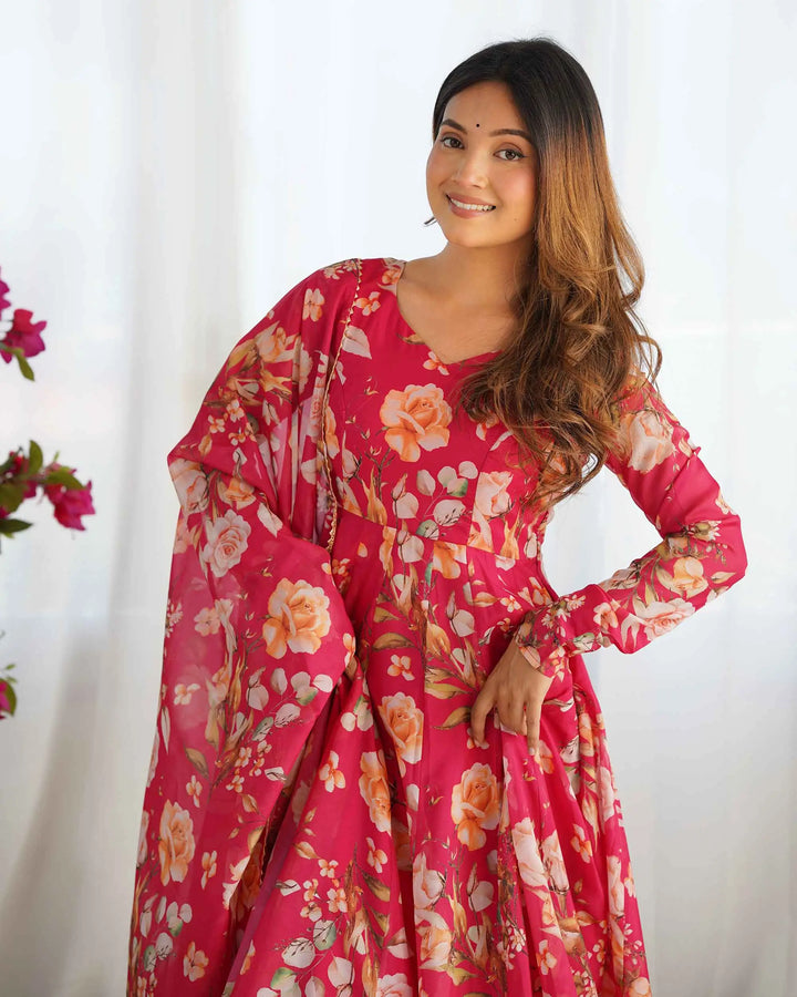 Pink Floral Print Organza Gown With Dupaata - qivii