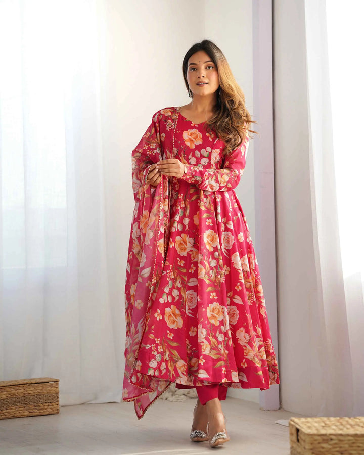 Pink Floral Print Organza Gown With Dupaata - qivii
