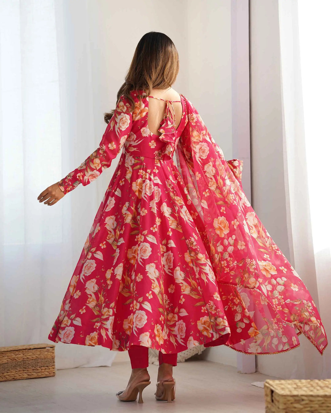 Pink Floral Print Organza Gown With Dupaata - qivii