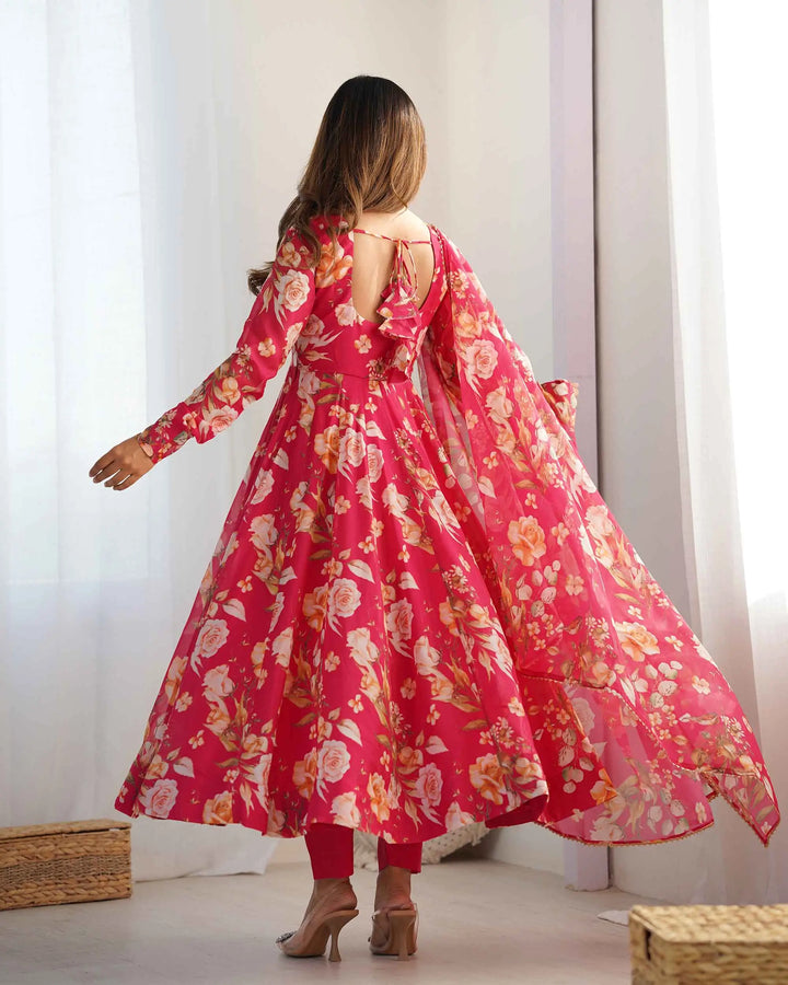 Pink Floral Print Organza Gown With Dupaata - qivii