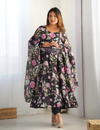 Black Floral Print Organza Gown For Summer