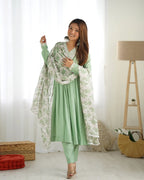 Pista Green Silk Nyra Cut Salwar Suit With Sequins Dori Thread Embroidery Work