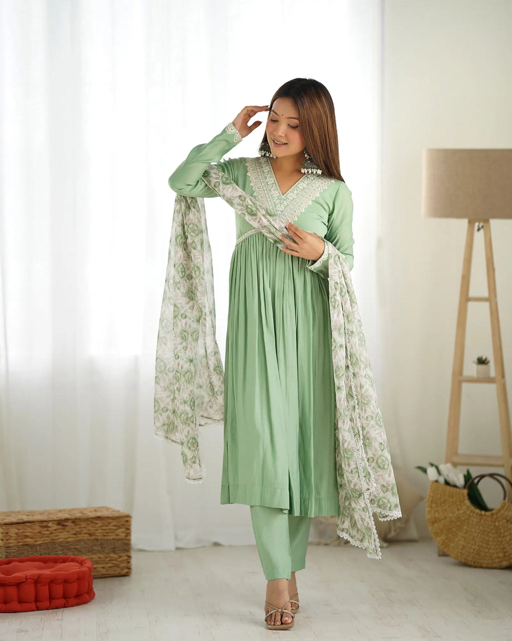 Pista Green Silk Nyra Cut Salwar Suit With Sequins Dori Thread Embroidery Work