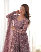 Dark Mauve Georgette Printed Gown With Dupatta