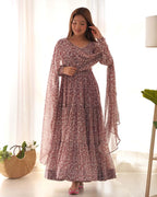 Dark Mauve Georgette Printed Gown With Dupatta