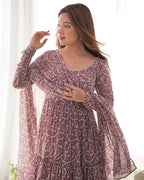 Dark Mauve Georgette Printed Gown With Dupatta