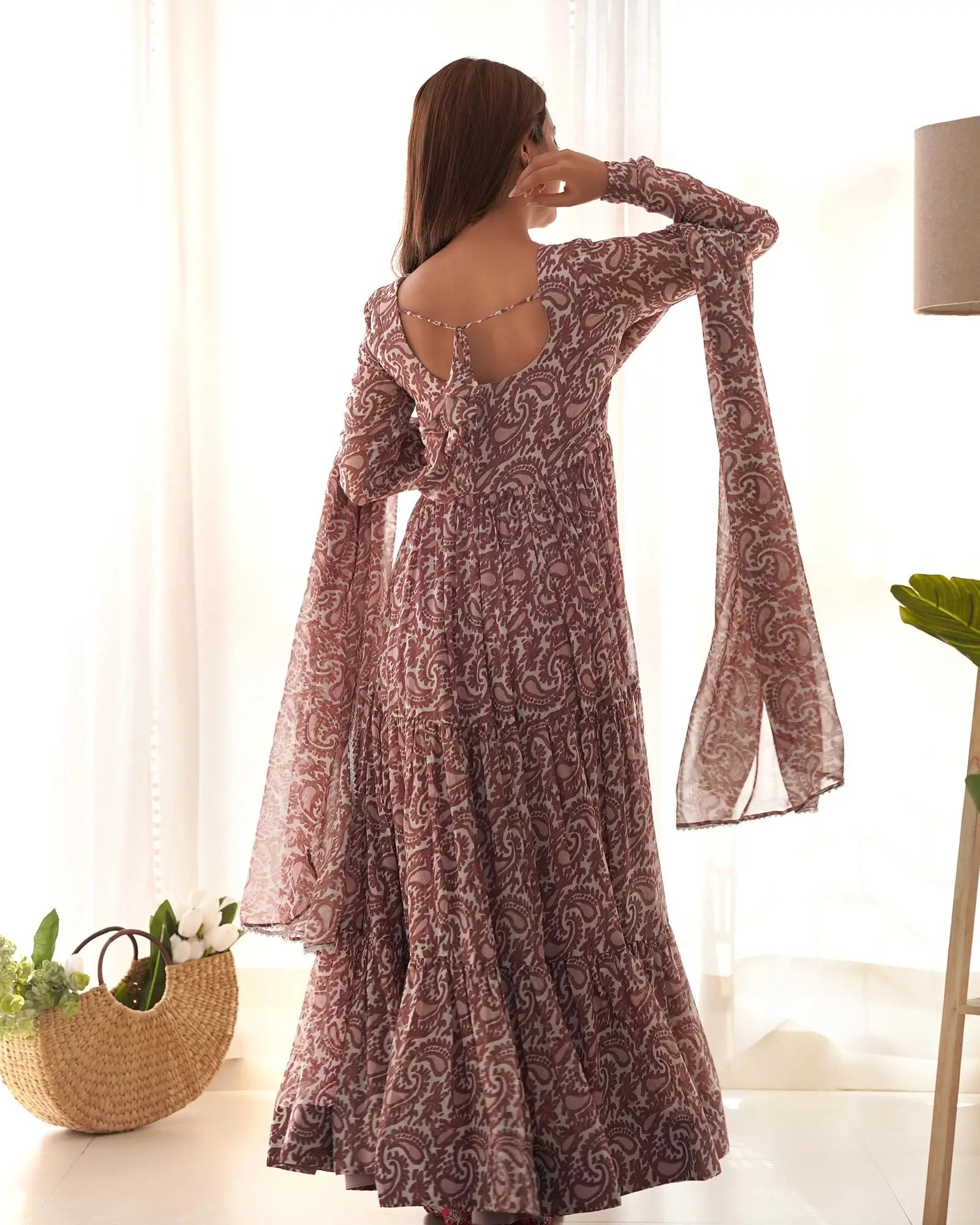 Dark Mauve Georgette Printed Gown With Dupatta