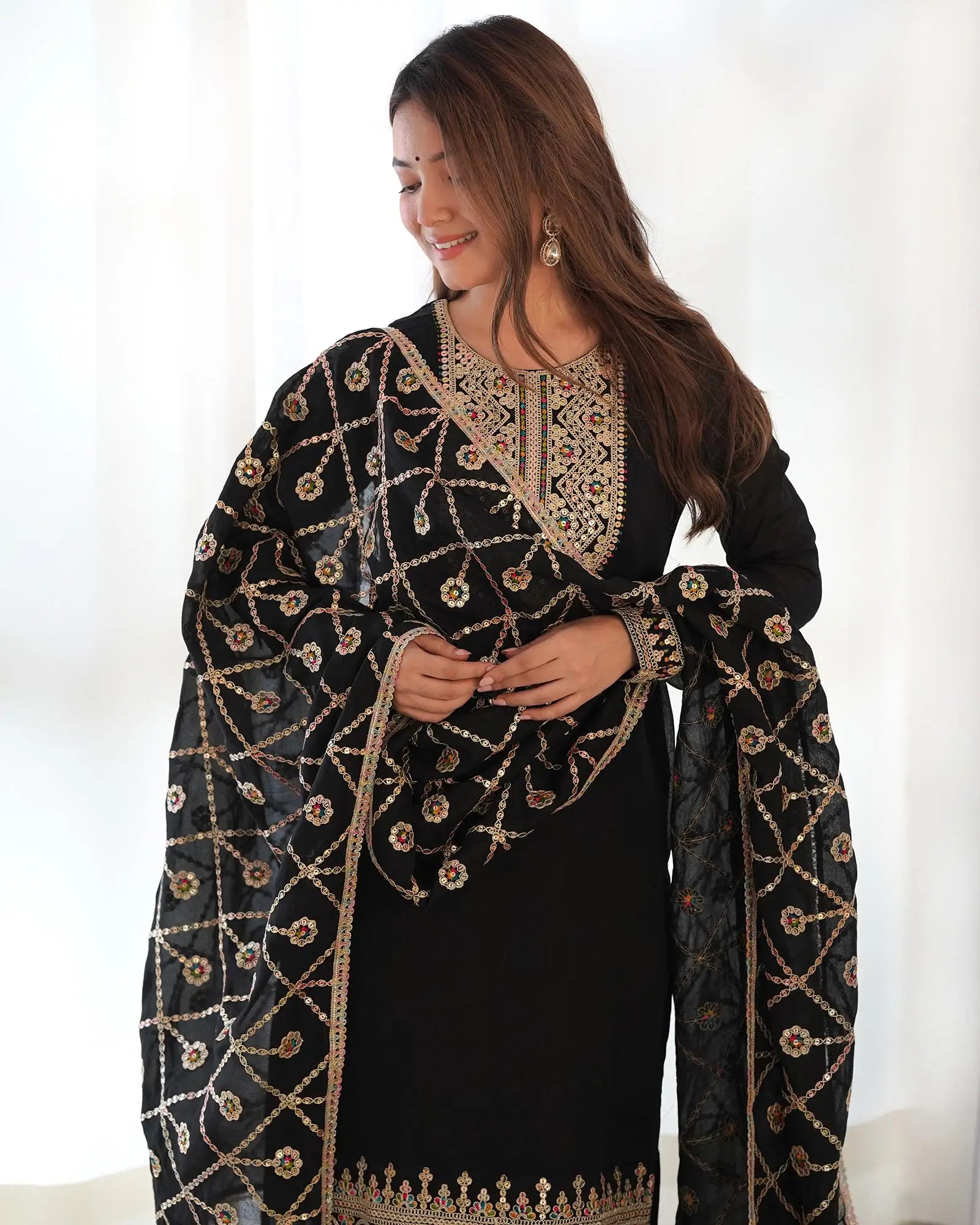 Black Silk Salwar Suit With Dori Sequins Embroidery Work With Heavy Dupatta