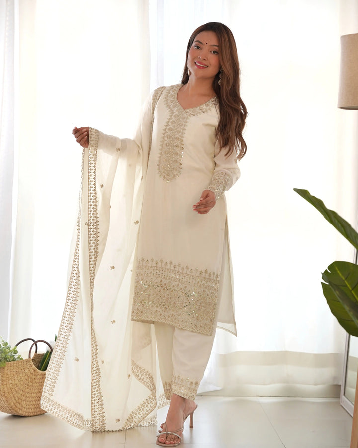 Off White Chinon Silk Straight Salwar Suit With Sequins Embroidery Work - qivii