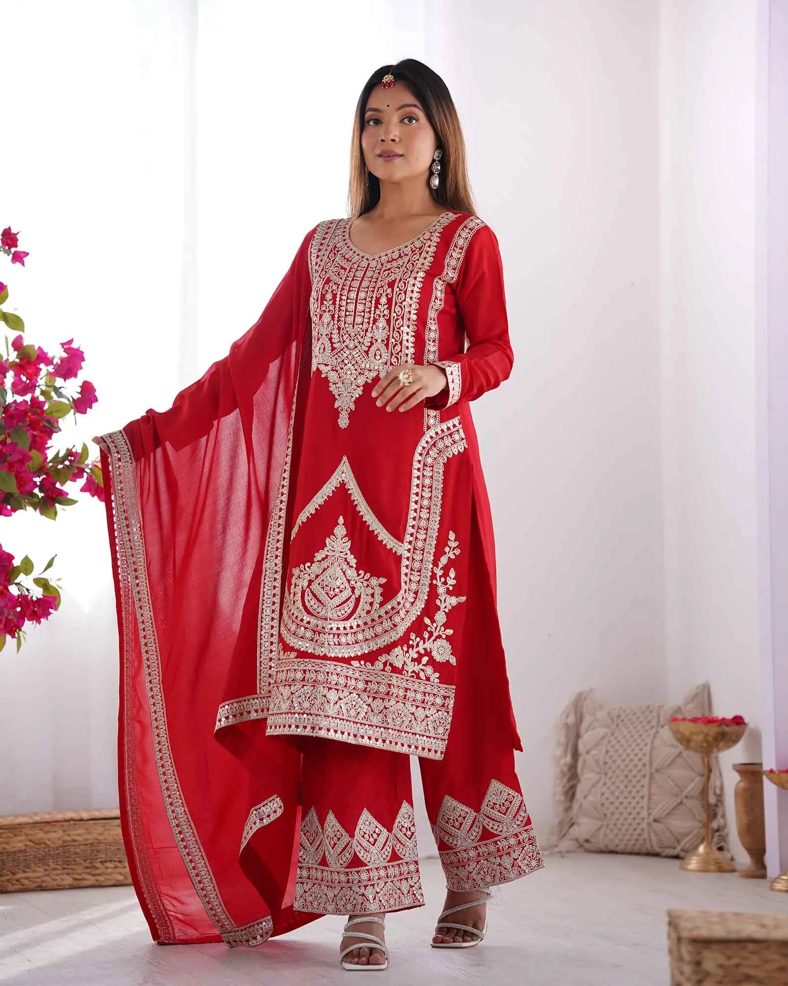 Milano Red Vichitra Silk Salwar Suit With Sequins Embroidery Work With Dupatta