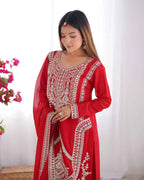 Milano Red Vichitra Silk Salwar Suit With Sequins Embroidery Work With Dupatta