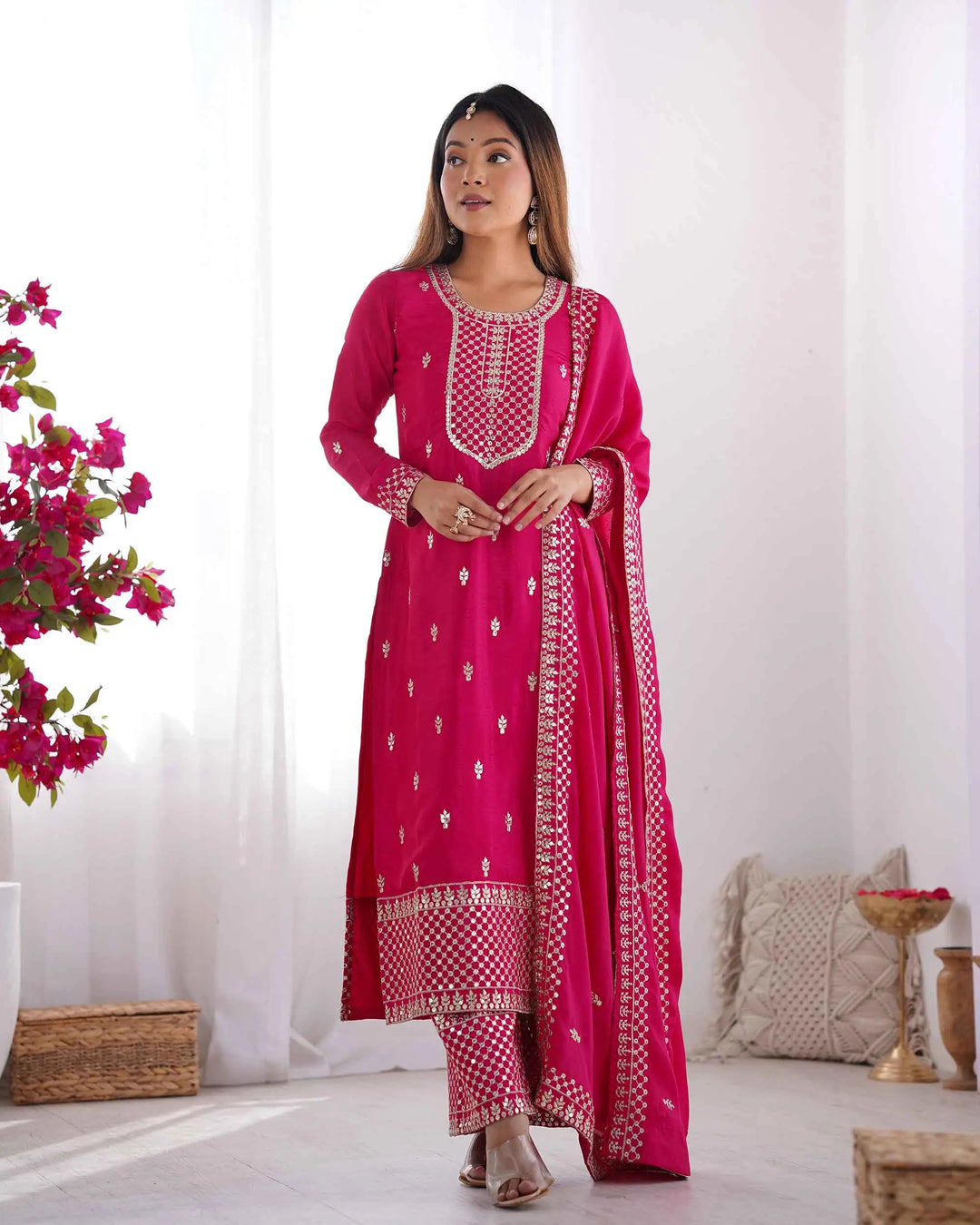 Dark Pink Chinon Silk Salwar Suit With Sequins Zari Embroidery Work with Dupatta - qivii