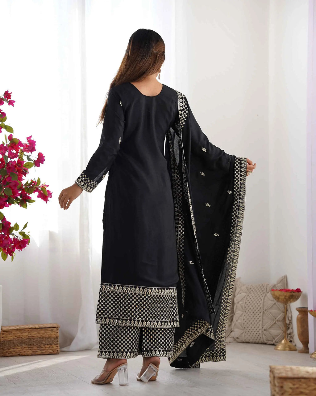 Black Chinon Silk Salwar Suit With Sequins Zari Embroidery Work with Dupatta