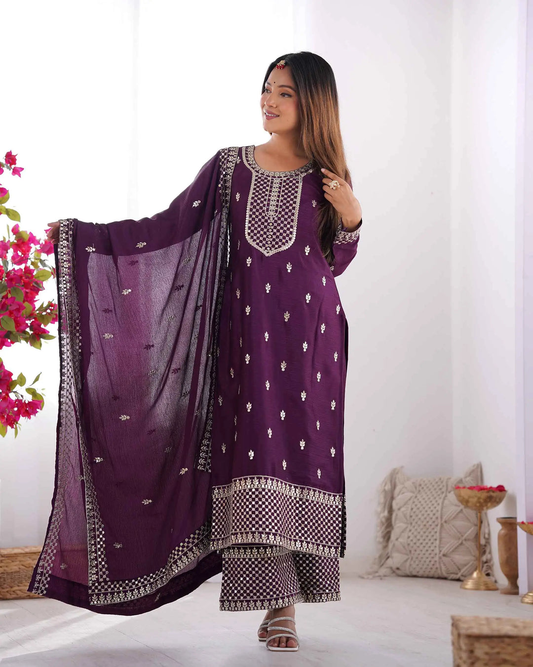 Wine Chinon Silk Salwar Suit With Sequins Zari Embroidery Work with Heavy Dupatta - qivii