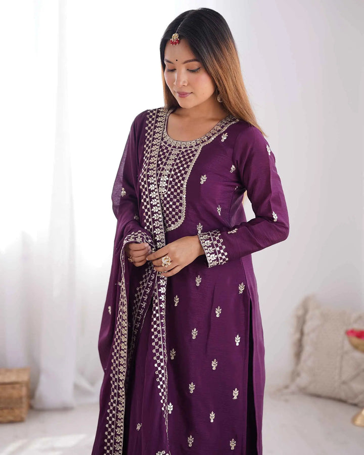 Wine Chinon Silk Salwar Suit With Sequins Zari Embroidery Work with Heavy Dupatta - qivii