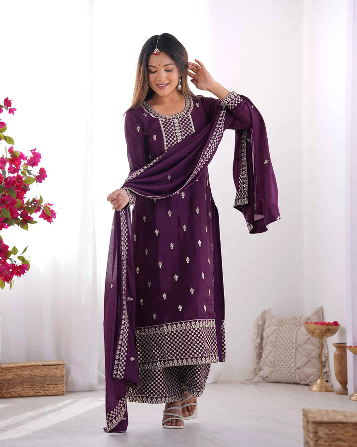 Wine Chinon Silk Salwar Suit With Sequins Zari Embroidery Work with Heavy Dupatta - qivii