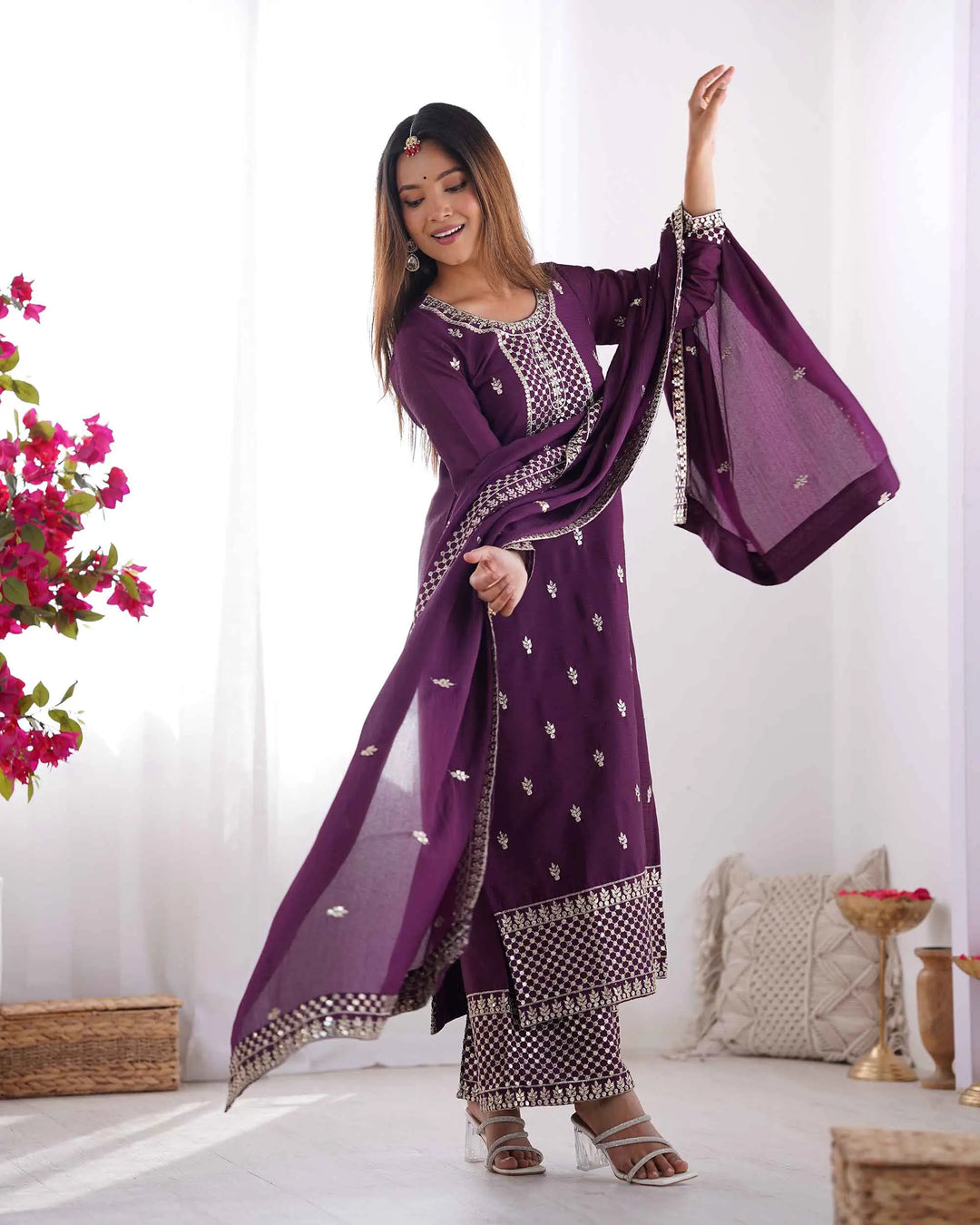 Wine Chinon Silk Salwar Suit With Sequins Zari Embroidery Work with Heavy Dupatta - qivii