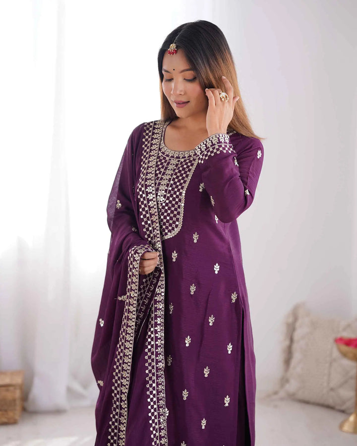 Wine Chinon Silk Salwar Suit With Sequins Zari Embroidery Work with Heavy Dupatta - qivii
