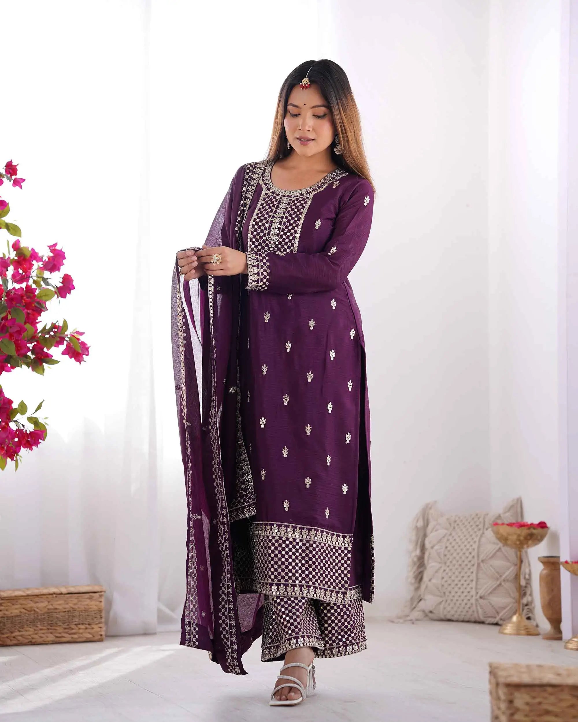 Wine Chinon Silk Salwar Suit With Sequins Zari Embroidery Work with Heavy Dupatta