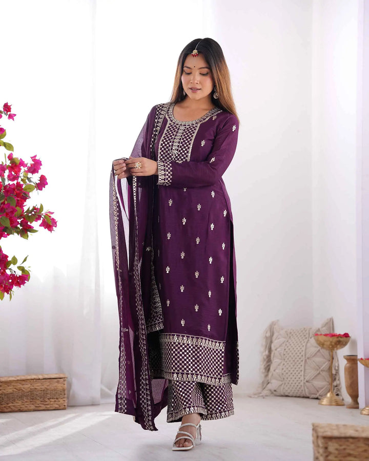 Wine Chinon Silk Salwar Suit With Sequins Zari Embroidery Work with Heavy Dupatta - qivii
