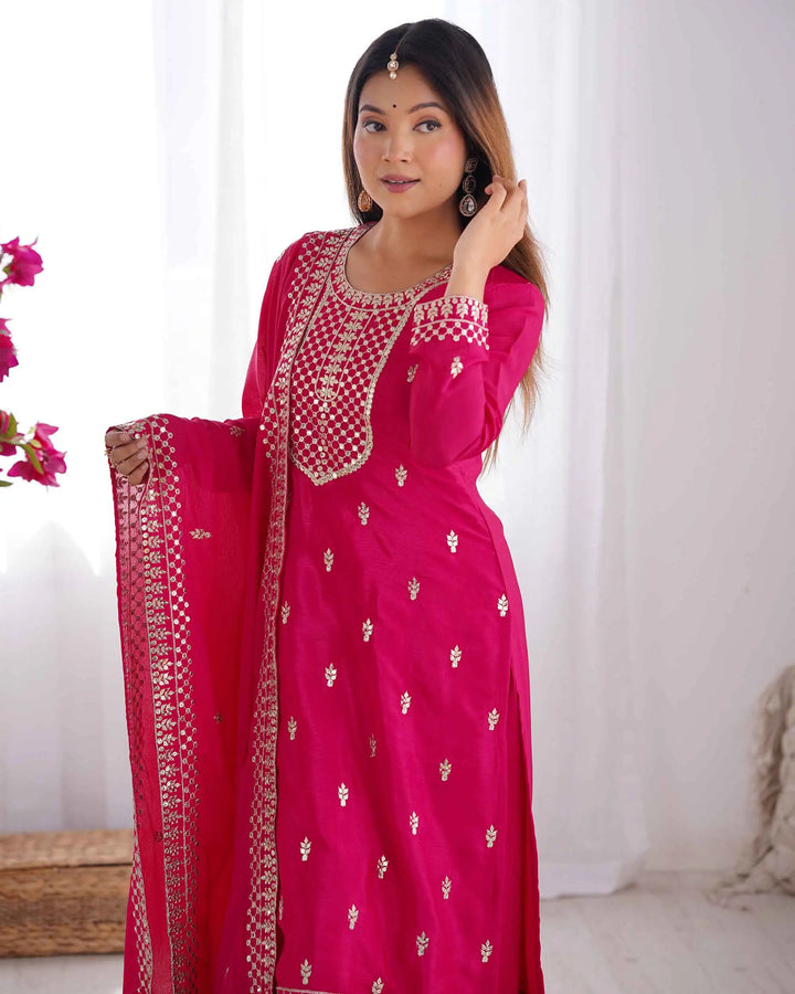 Dark Pink Chinon Silk Salwar Suit With Sequins Zari Embroidery Work with Dupatta - qivii