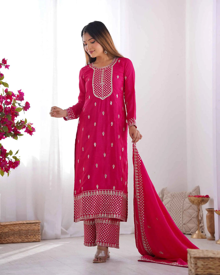 Dark Pink Chinon Silk Salwar Suit With Sequins Zari Embroidery Work with Dupatta - qivii