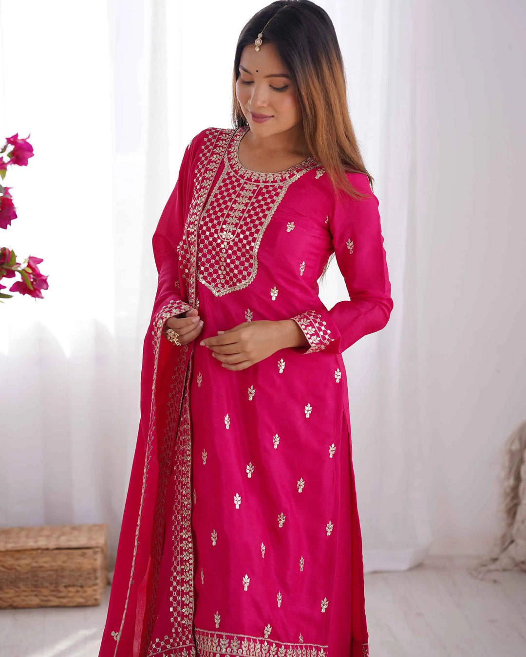 Dark Pink Chinon Silk Salwar Suit With Sequins Zari Embroidery Work with Dupatta - qivii