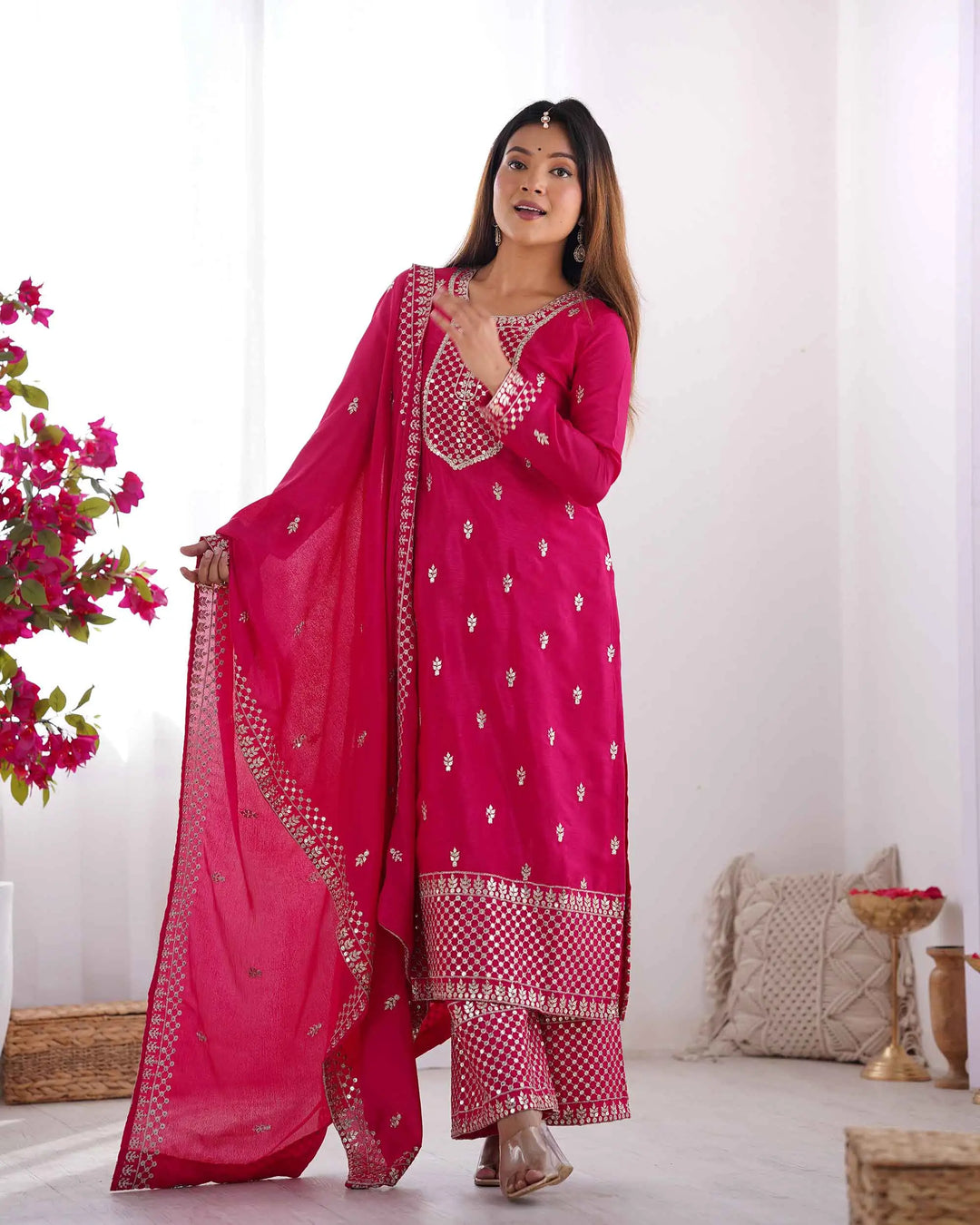 Dark Pink Chinon Silk Salwar Suit With Sequins Zari Embroidery Work with Dupatta - qivii