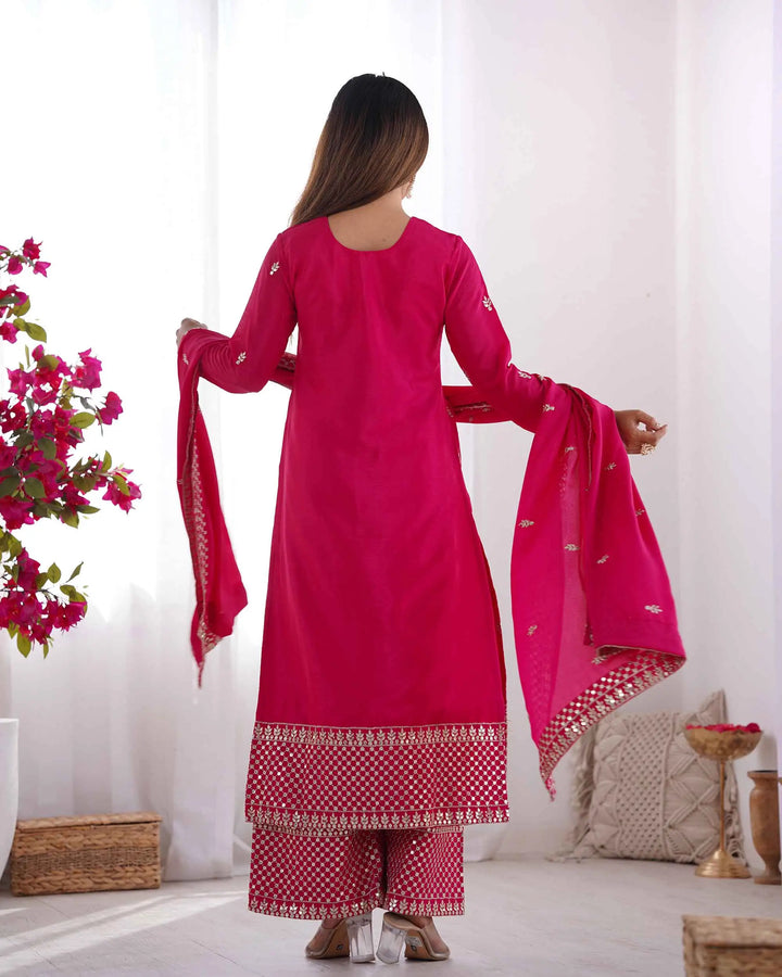 Dark Pink Chinon Silk Salwar Suit With Sequins Zari Embroidery Work with Dupatta - qivii
