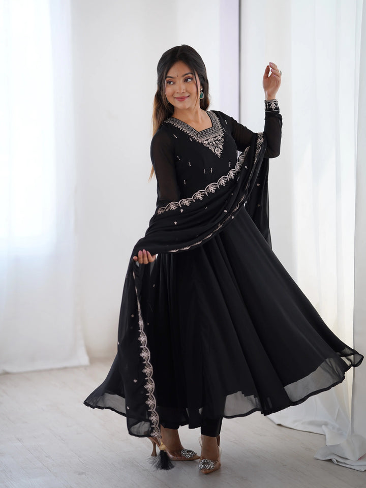 Beautiful Black Designer Embroidery Beads And Zari Work Gown With Dupatta - qivii