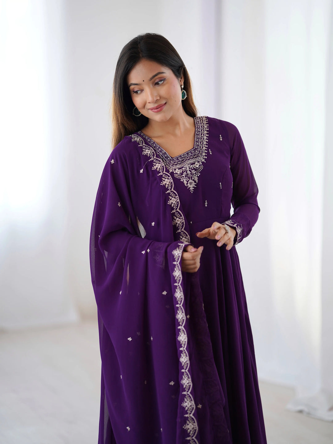 Purple Designer Embroidery Beads And Zari Work Gown With Dupatta - qivii