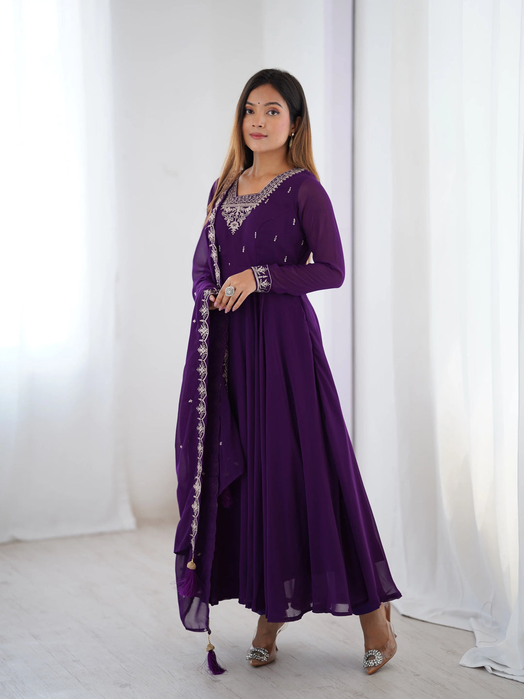 Purple Designer Embroidery Beads And Zari Work Gown With Dupatta - qivii
