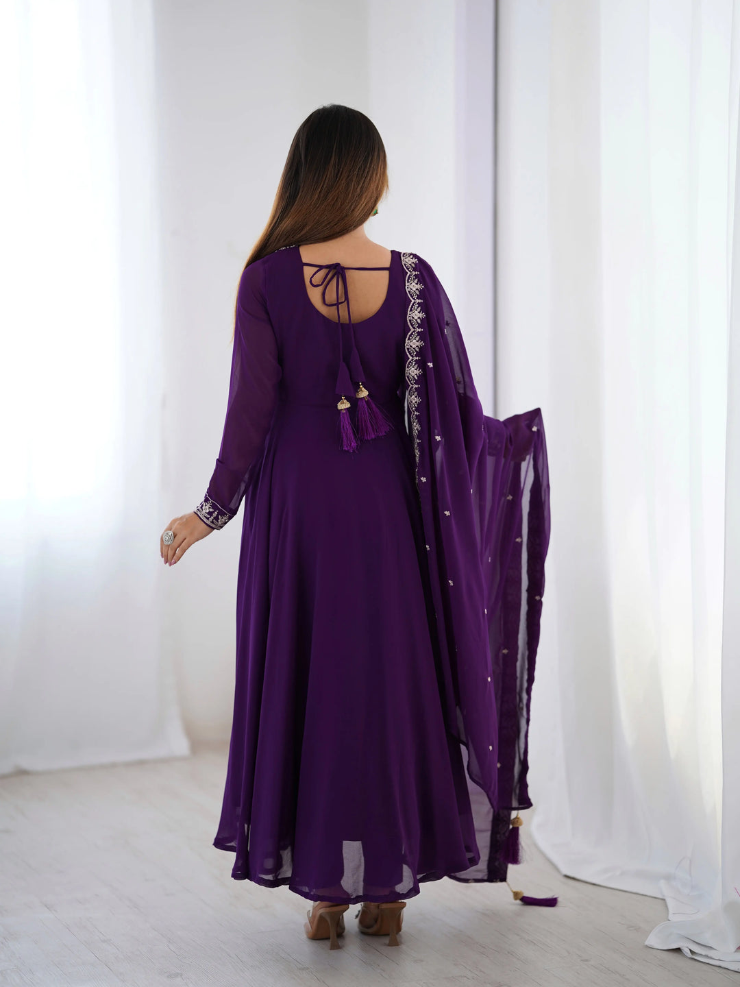 Purple Designer Embroidery Beads And Zari Work Gown With Dupatta - qivii