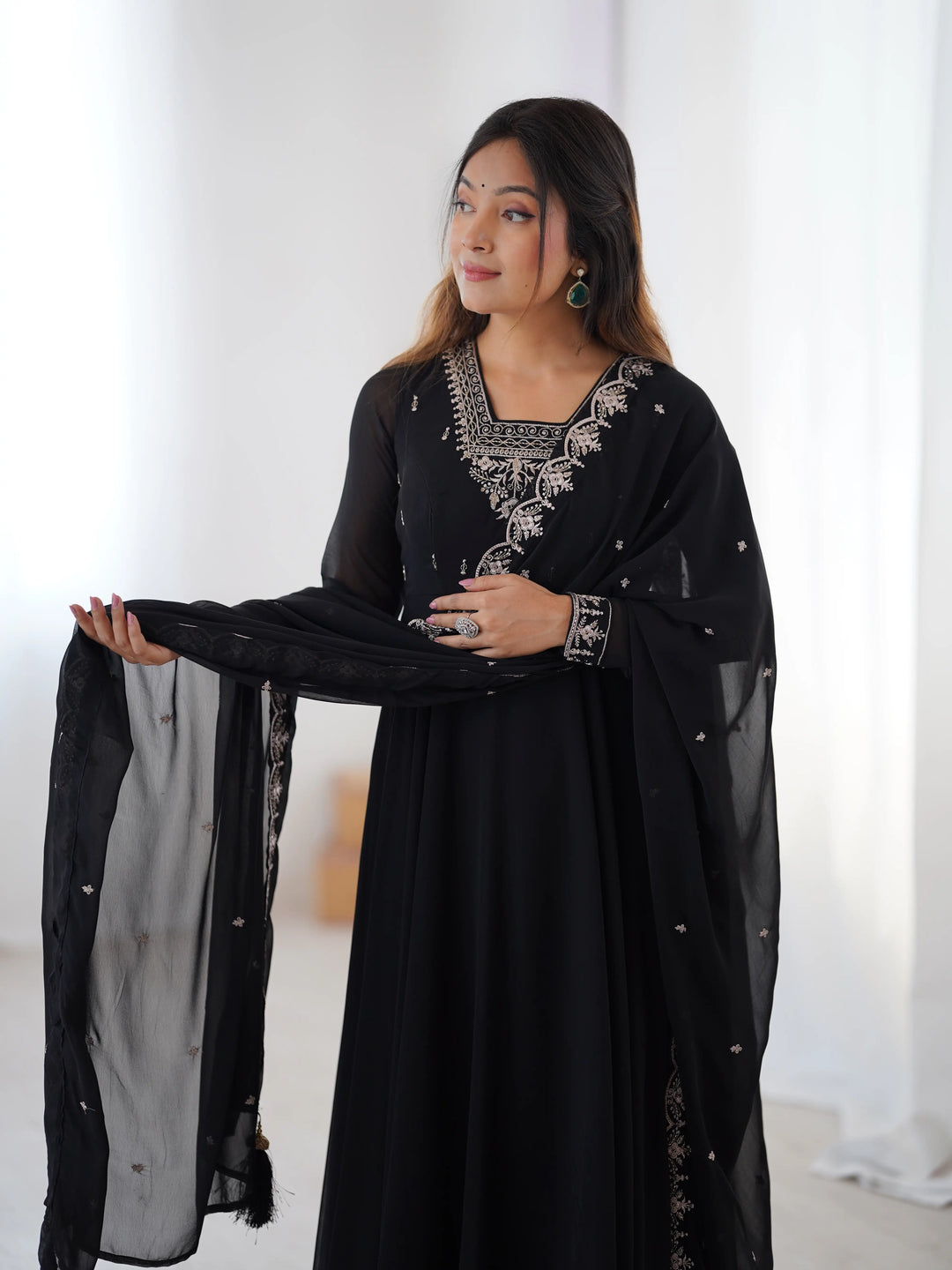 Beautiful Black Designer Embroidery Beads And Zari Work Gown With Dupatta - qivii