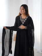 Beautiful Black Designer Embroidery Beads And Zari Work Gown With Dupatta